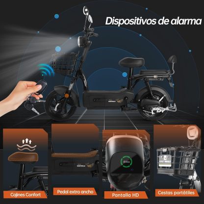 HONEYWHALE U1s Bicicleta eléctrica para adultos, bicicleta eléctrica con alarma, motor máximo 650W, velocidad máxima 31KM/H, autónoma 60-65KM, batería de gran capacidad 20AH, dos asientos