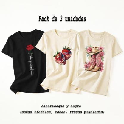 Camiseta de manga corta con cuello redondo elástico para mujer, ideal para llevar en casa o salir, muy versátil y práctica (pack de 3)