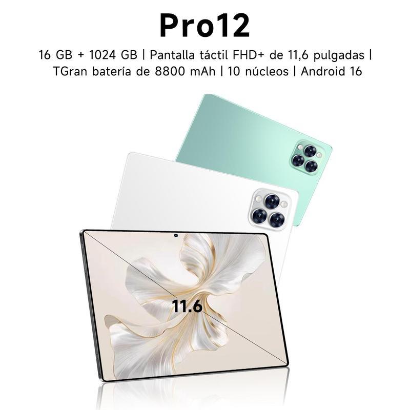 Galaxy Tablet PRO12  11.6Pulgadas Android 16 Última Versión | 16GB RAM + 1024GB Almacenamiento Expandible | Pantalla Grande HD | Batería 10000mAh | WiFi 5G | Ideal para Clases, Trabajo y Regalo Navideño