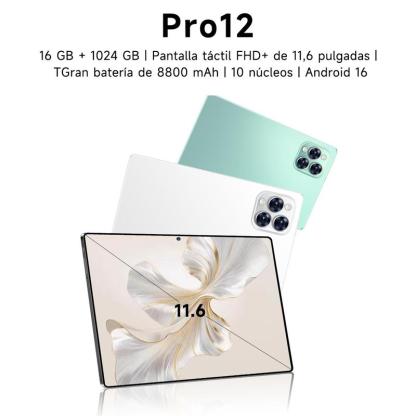 Galaxy Tablet PRO12  11.6Pulgadas Android 16 Última Versión | 16GB RAM + 1024GB Almacenamiento Expandible | Pantalla Grande HD | Batería 10000mAh | WiFi 5G | Ideal para Clases, Trabajo y Regalo Navideño