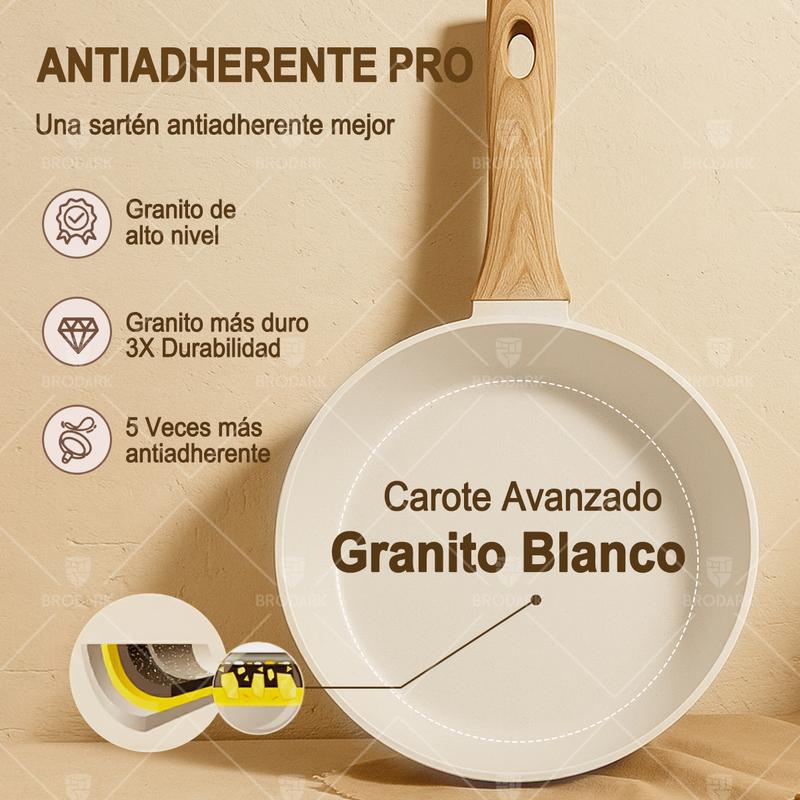 BRODARK Juego de 15 piezas de ollas y sartenes, con sartenes antiadherentes de cerámica en blanco y negro, compatible con placas de inducción, con manijas con impresión de madera, tapas de vidrio, incluye una cazuela de caldo y un sartén, y apto para horn