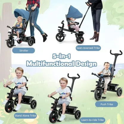 Cochecito infantil unisex 5 en 1 Costzon - Poliéster, asiento reversible, capota ajustable, ruedas de EVA, manillar extraíble de PP y acero para padres, triciclo para niños pequeños, cochecito práctico y multifuncional.