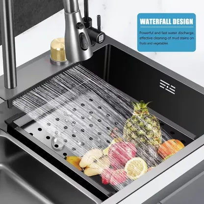 Fregadero de cocina de acero inoxidable de 33 x 22 pulgadas, color negro nano, diseño de cascada y montaje empotrado (drop-in), cubeta única, con grifo extraíble y accesorios incluidos.