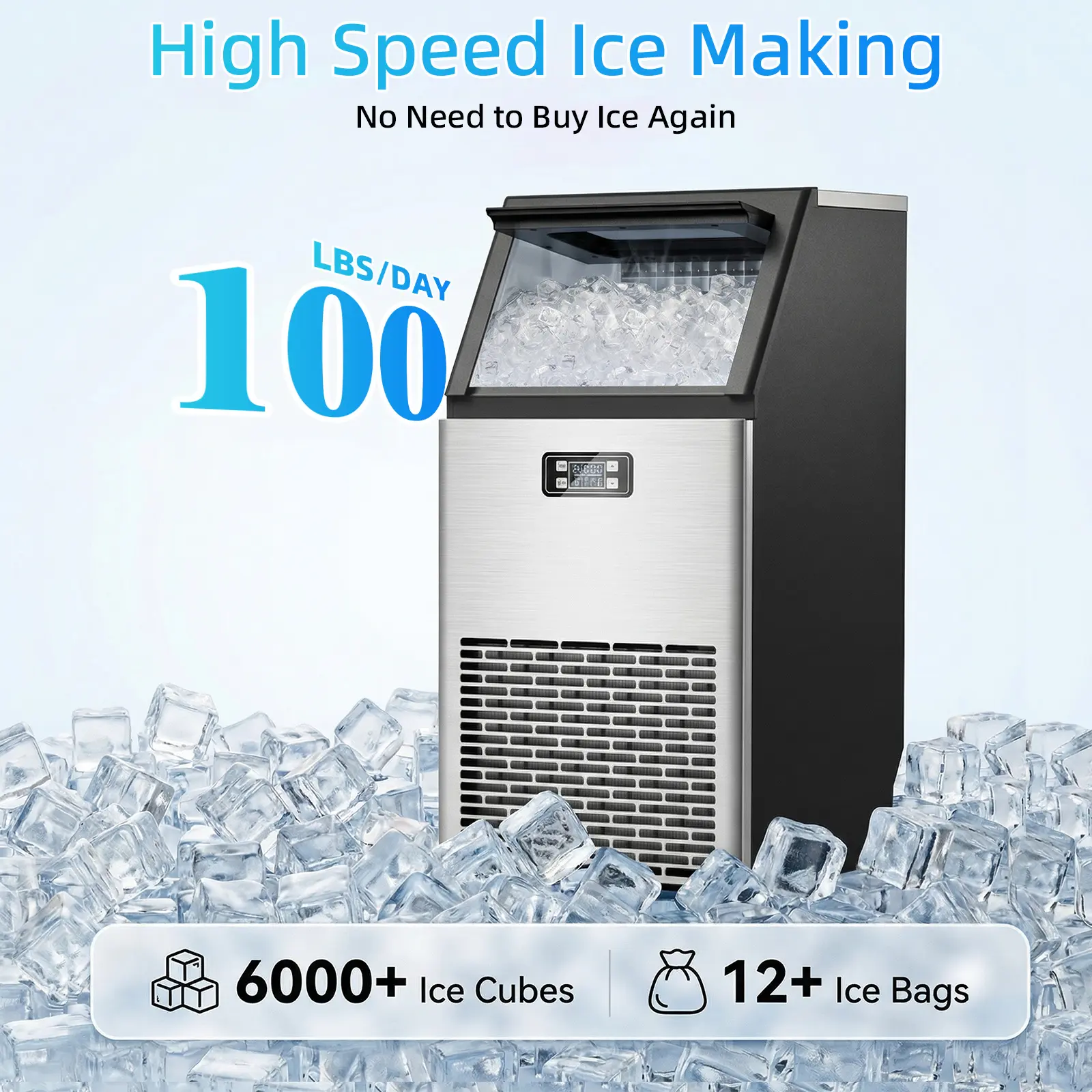 Máquina de Hielo Comercial V2.0, 100 lbs, Agua 2 Formas, Autolimpieza, Temporizador 24h, Cesta 33 lbs, Acero Inoxidable – Para Escuela, Hogar, Bar o RV
