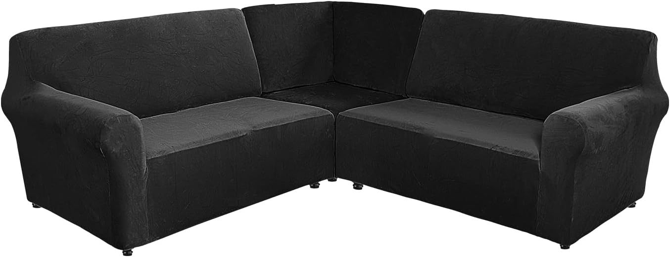 MIFXIN - Fundas de sofá de esquina seccionales de 5 asientos en forma de L, 3 piezas de terciopelo elástico, suave, lavable, protector de sofá para sofás de esquina de 5 plazas (negro)