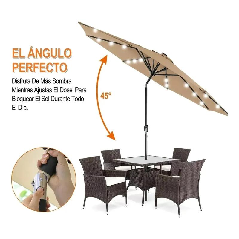 Sombrilla de exterior para jardín, de 2 metros, con luces LED y control remoto, con botón de inclinación y manivela, resistente al viento e impermeable, perfecta para la playa, con protección UV, producto para jardín, jardín, patio y balcón. Sombrilla