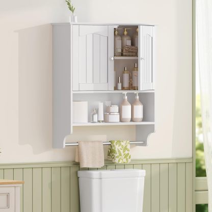 Iwell Mueble de baño montado en la pared con toallero y estante ajustable, clóset de almacenamiento sobre el inodoro, gabinete de medicina para baño, blanco