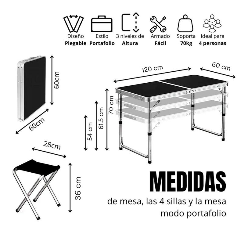 Mesa plegable ajustable 120 cm con 4 sillas estilo portafolio para camping, picnic o jardín, fabricada en plástico resistente con estructura de metal ligera, ideal para exteriores y fácil de transportar.
