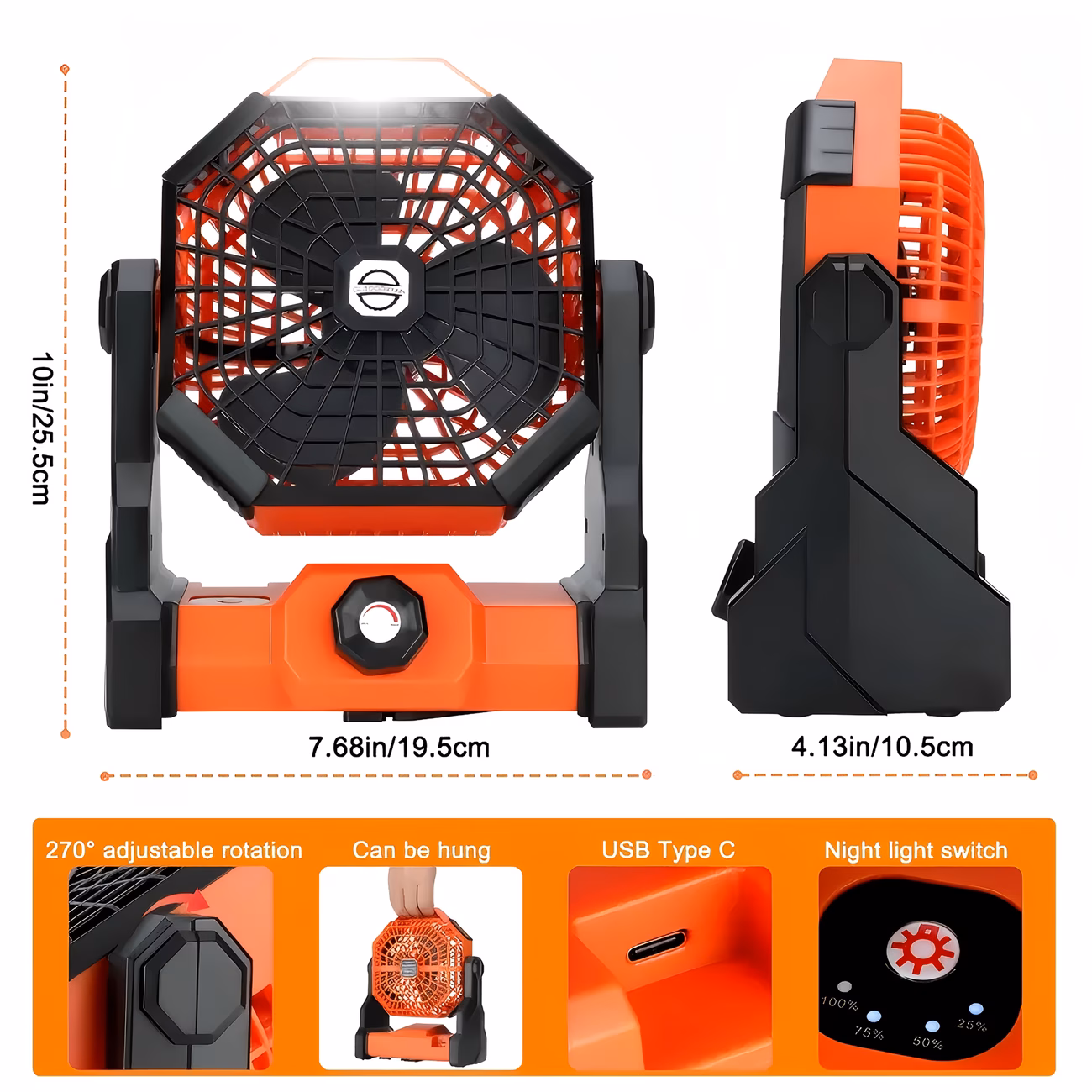 Ventilador portátil para camping al aire libre con luz led de brillo ajustable, gancho, recargable por usb, batería incorporada de 7800 mah para mayor duración, con ángulos ajustables de 270° y control de velocidad sin escalones