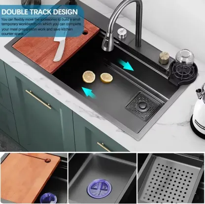 Fregadero de cocina de acero inoxidable de 33 x 22 pulgadas, color negro nano, diseño de cascada y montaje empotrado (drop-in), cubeta única, con grifo extraíble y accesorios incluidos.