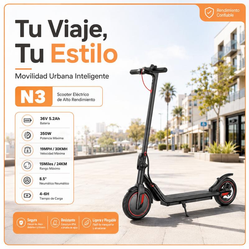 ¡Nuevo Patinete Eléctrico N3! 30KM/H + 24KM de Rango +500W + App + Pantalla LCD | Plegable y Ligero | Envío a México