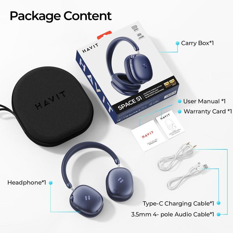 Mejores que los AirPods Max Audífonos HAVIT SPACE S1 Diadema | ANC Híbrido -45dB | Batería 100 Horas | Bluetooth 6.0 | Audio Hi-Res LHDC | Espuma Memoria Cómodos Todo el Día| 5 Micrófonos ENC Llamadas Nítidas | Carga Rápida 5min=5h | Audio Espacial | Cone