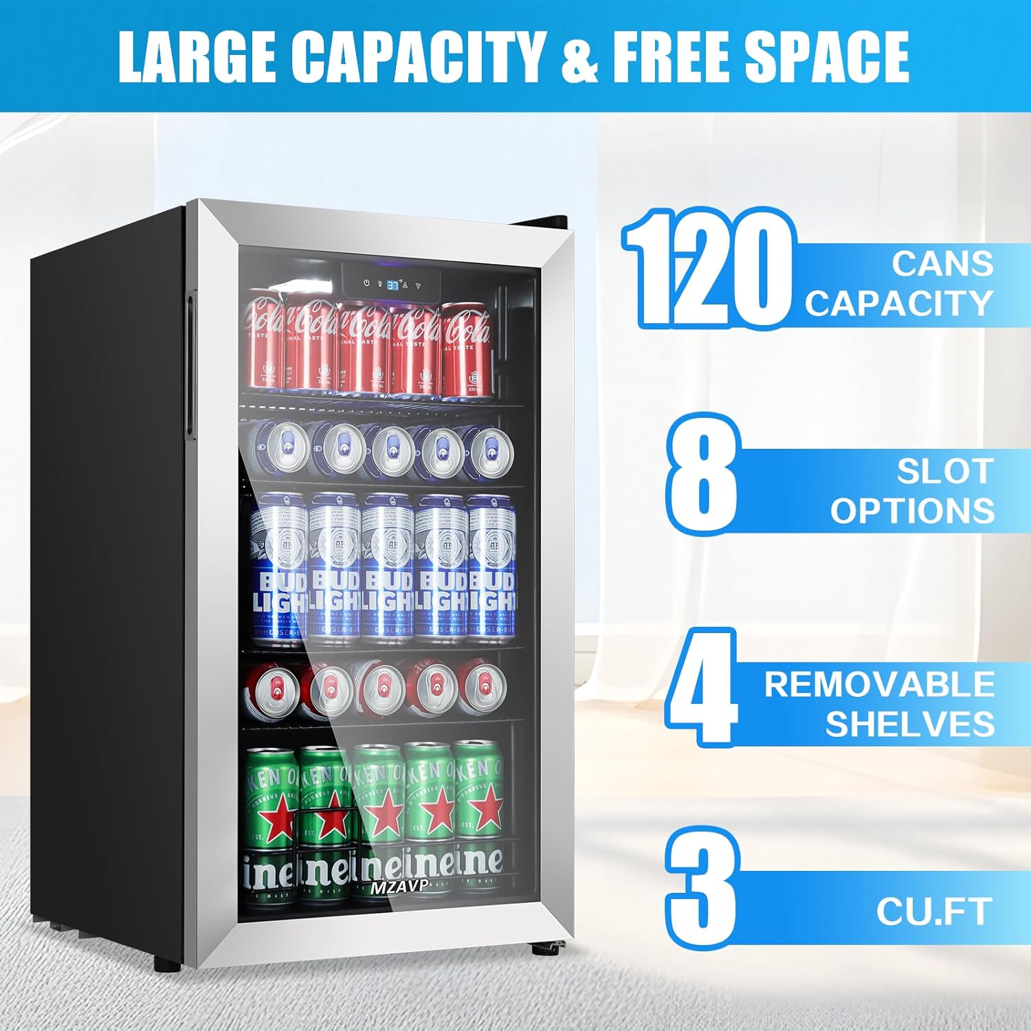 MZAVP - Refrigerador de bebidas con 120 latas, no empotrado o integrado para bebidas con puerta de vidrio, mini refrigerador de cerveza para oficina o bar, luz indicadora blanca y puerta reversible