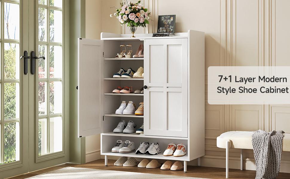【18-24 Pairs & Adjustable Shelves】ONBRILL 7+1 Tier Farmhouse Shoe Storage Cabinet,  45'' Tall Modern Shoe Cabinet with Metal Legs, Shoes Rack Organizer Cabinet for Entryway, Front Door,Livingroom Bedroom Furniture,Christmas Gift【BackToSchool】
