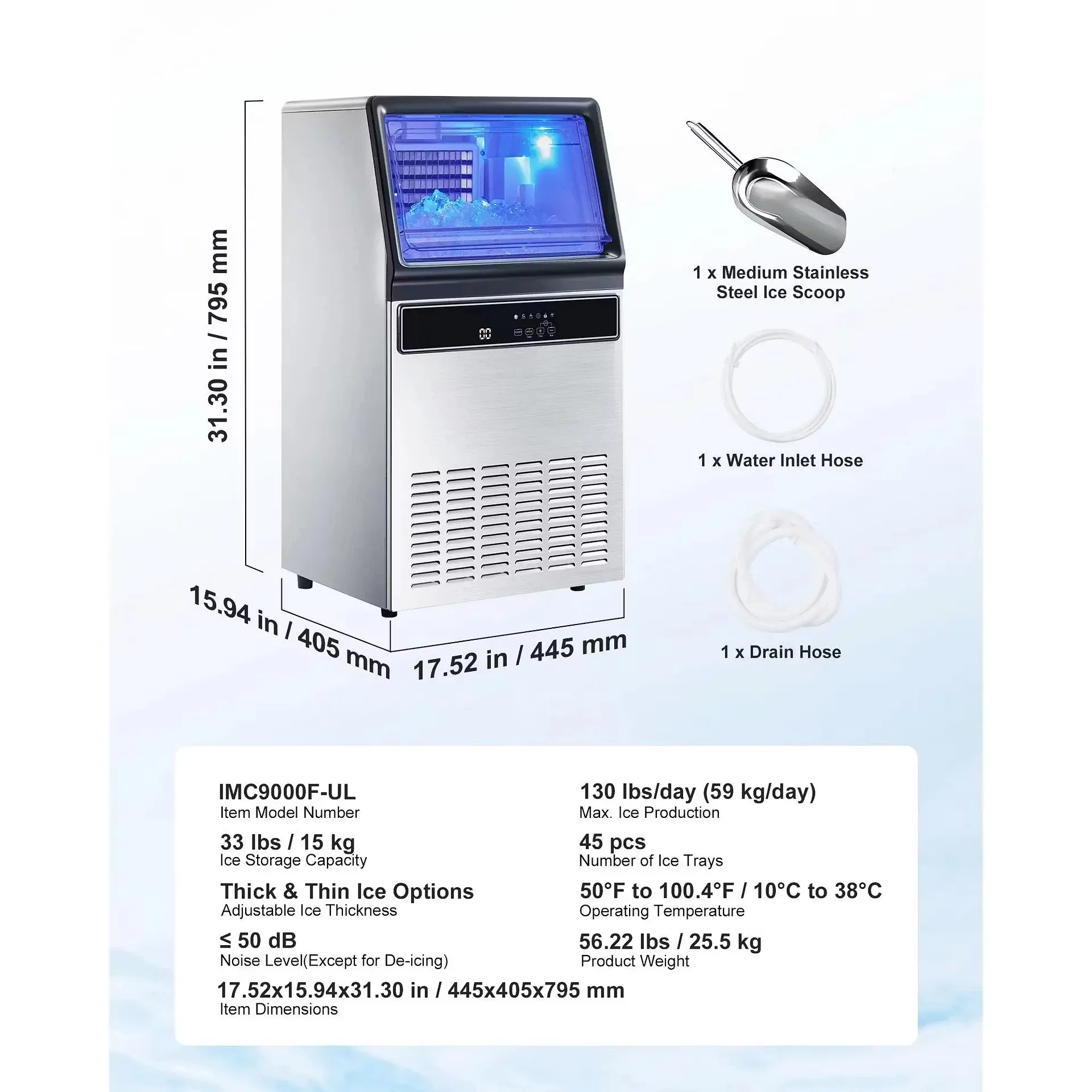 Máquina de hielo comercial, capacidad de 130 libras/24 h y almacenamiento de 33 libras, 45 cubitos por ciclo; fabricadora de hielo de acero inoxidable (independiente o empotrable) con pantalla LED y autolimpieza, ideal para hogares, bares y restaura
