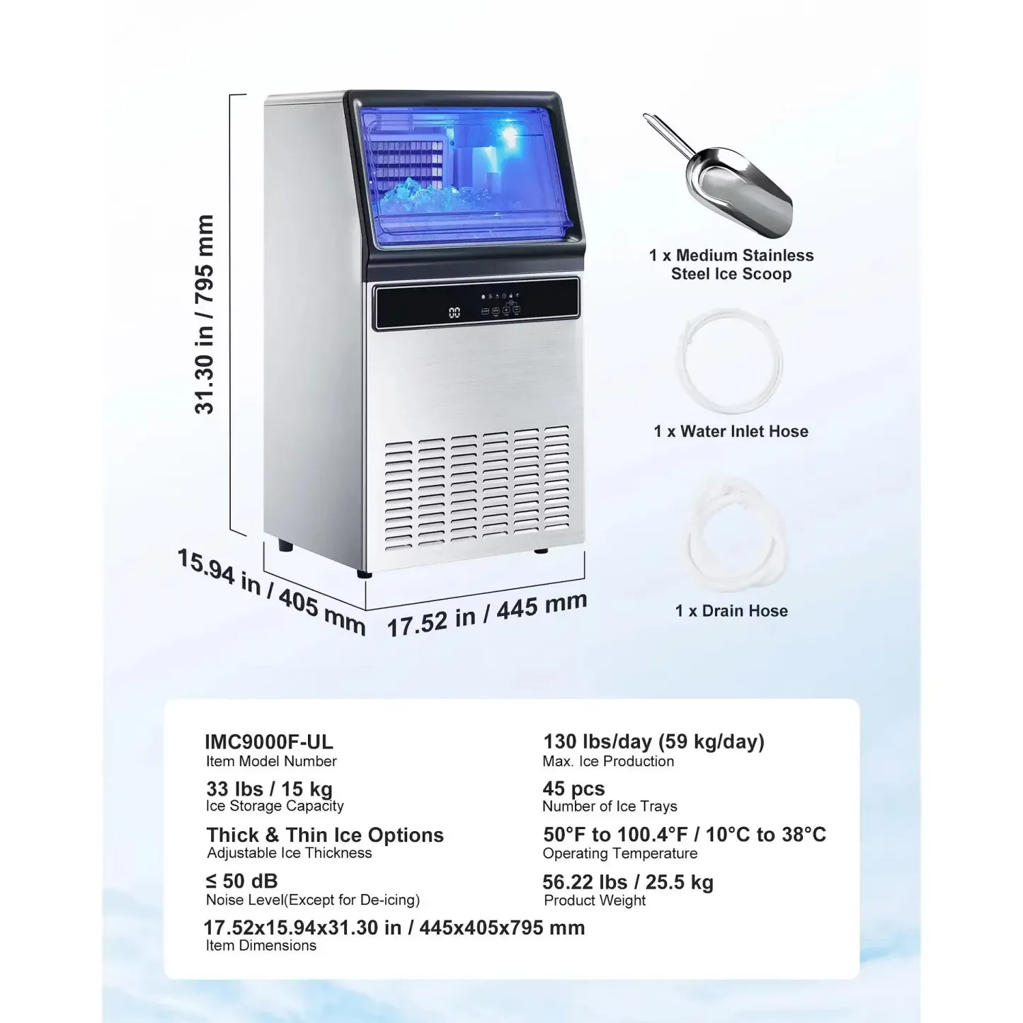 Máquina de hielo comercial, capacidad de 130 libras/24 h y almacenamiento de 33 libras, 45 cubitos por ciclo; fabricadora de hielo de acero inoxidable (independiente o empotrable) con pantalla LED y autolimpieza, ideal para hogares, bares y restaura