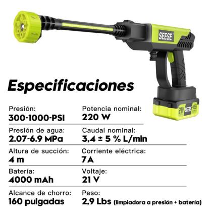 SEESE Hidrolavadora Inalámbrica 21V Portátil De Alta Presión Con Batería Recargable Para Lavar Autos Jardín Hogar, ideal como regalo festivo.