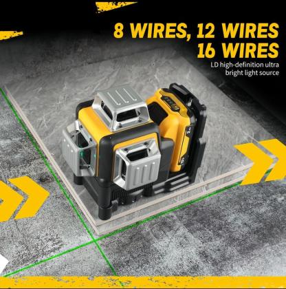 Nivel láser DW con medidor verde de 12 líneas para exteriores, resistente al agua IP54, herramienta de alta precisión, alcance vertical de 360 ​​grados, batería de 12 V.