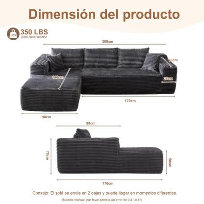 【Dos Paquetes】Soifas 260cm Sofá Modular Sin Brazos de Terciopelo Nube de Felpa con Chaise Longue, Sin Montaje Requerido - Juego de Sofá Esquinero en L con Configuración Flexible 04