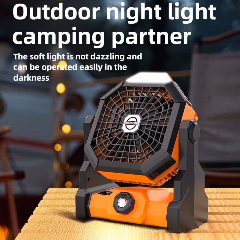 Ventilador portátil para camping al aire libre con luz led de brillo ajustable, gancho, recargable por usb, batería incorporada de 7800 mah para mayor duración, con ángulos ajustables de 270° y control de velocidad sin escalones