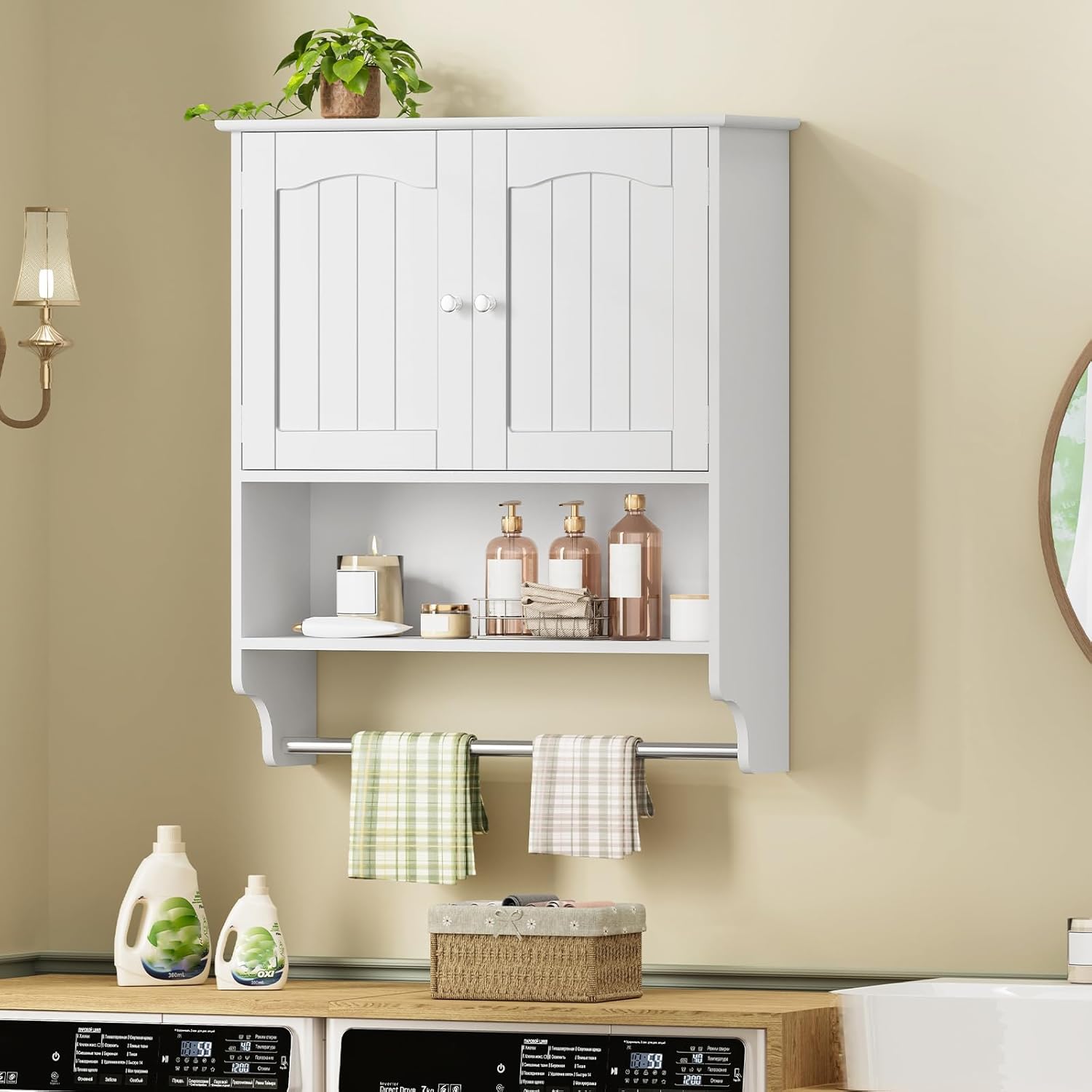 Iwell Mueble de baño montado en la pared con toallero y estante ajustable, clóset de almacenamiento sobre el inodoro, gabinete de medicina para baño, blanco