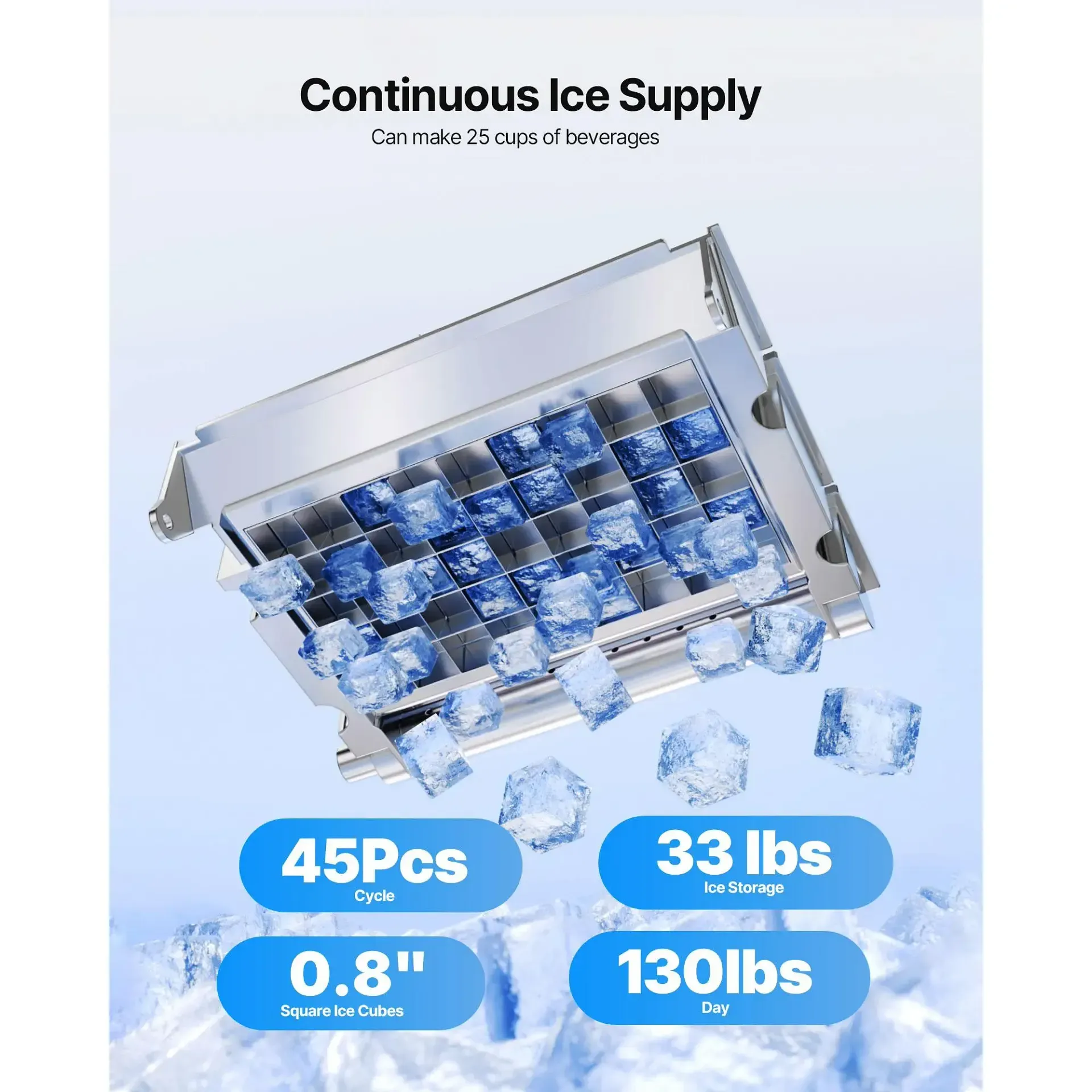 Máquina de hielo comercial, capacidad de 130 libras/24 h y almacenamiento de 33 libras, 45 cubitos por ciclo; fabricadora de hielo de acero inoxidable (independiente o empotrable) con pantalla LED y autolimpieza, ideal para hogares, bares y restaura