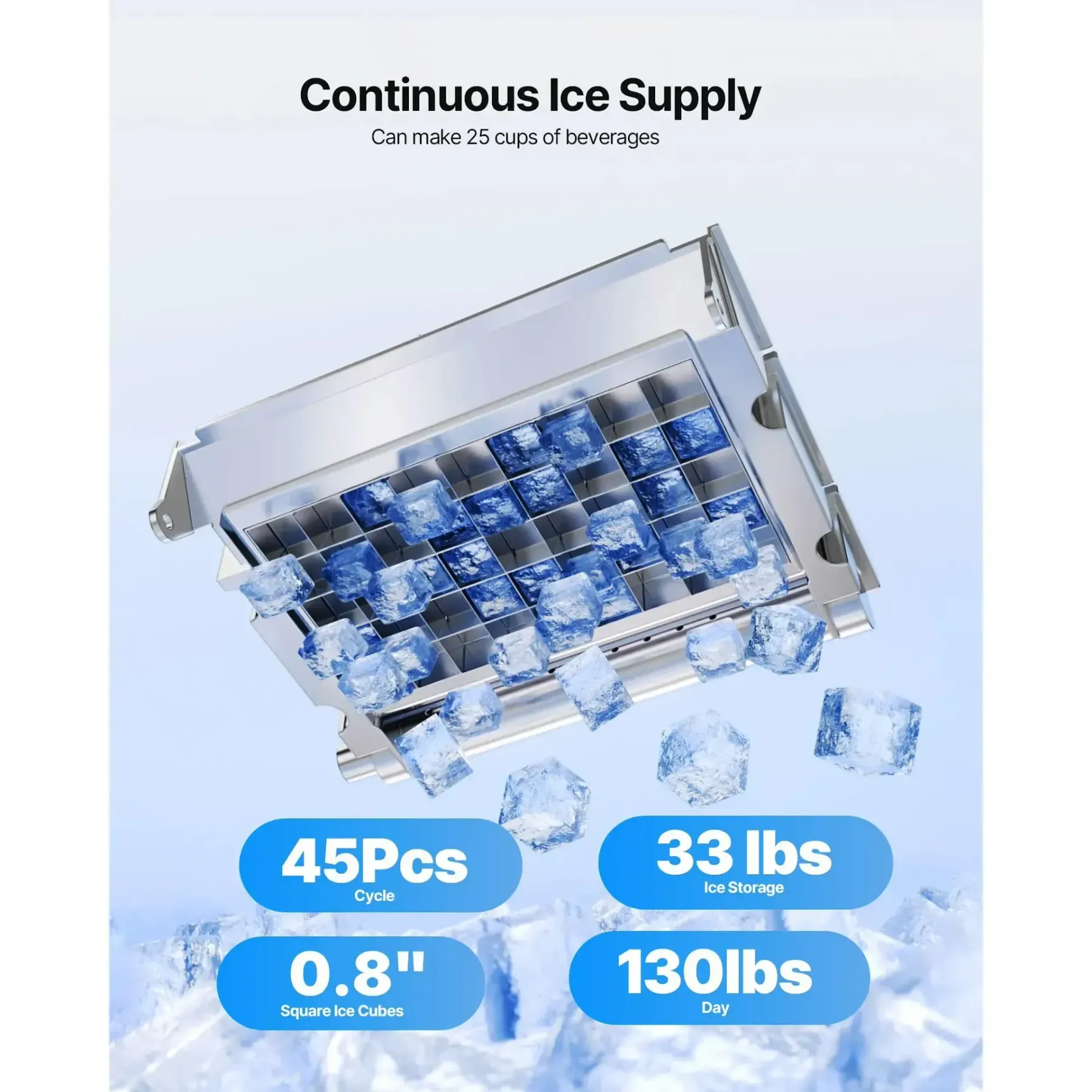 Máquina de hielo comercial, capacidad de 130 libras/24 h y almacenamiento de 33 libras, 45 cubitos por ciclo; fabricadora de hielo de acero inoxidable (independiente o empotrable) con pantalla LED y autolimpieza, ideal para hogares, bares y restaura