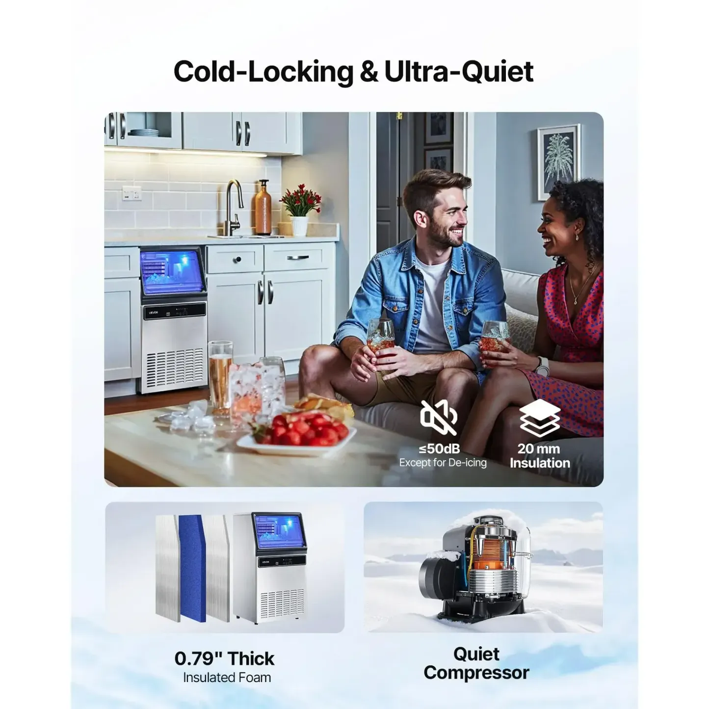 Máquina de hielo comercial, capacidad de 130 libras/24 h y almacenamiento de 33 libras, 45 cubitos por ciclo; fabricadora de hielo de acero inoxidable (independiente o empotrable) con pantalla LED y autolimpieza, ideal para hogares, bares y restaura