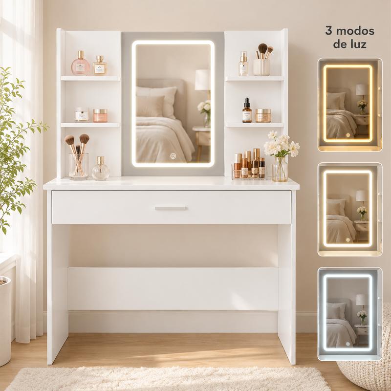 Tocador Moderno con Espejo, Mesa de Maquillaje con Cajón y Estantes, Organizador de Cosméticos para Dormitorio, Blanco