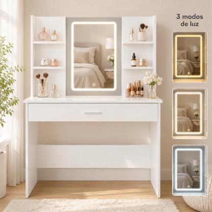 Tocador Moderno con Espejo, Mesa de Maquillaje con Cajón y Estantes, Organizador de Cosméticos para Dormitorio, Blanco
