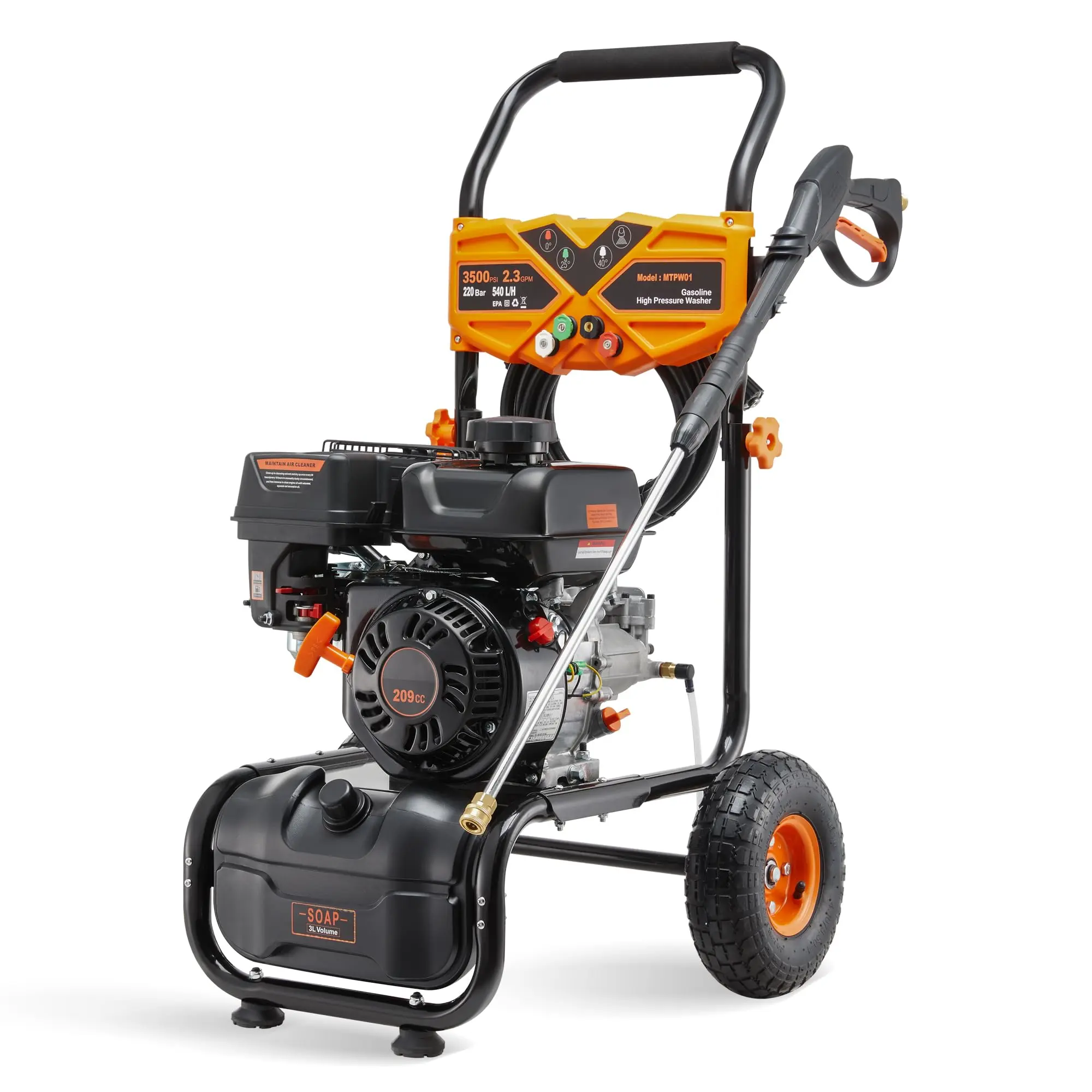 Hidrolavadora a gasolina Efurden de 3500 PSI y 2.3 GPM — Hidrolavadora de alta potencia y uso rudo, con motor de 209 cc y 7 HP, manguera de presión de 25 pies, bomba axial de aluminio, tanque para jabón y 4 boquillas de conexión rápida.