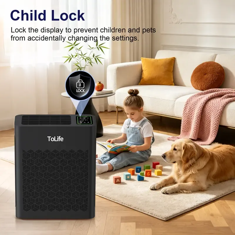 Purificador de aire ToLife TZ-K2 para habitaciones grandes (hasta 99 m²). Indicador de partículas PM 2.5, modo automático, temporizador, filtro HEPA: ¡elimina humo, polen y caspa de mascotas!