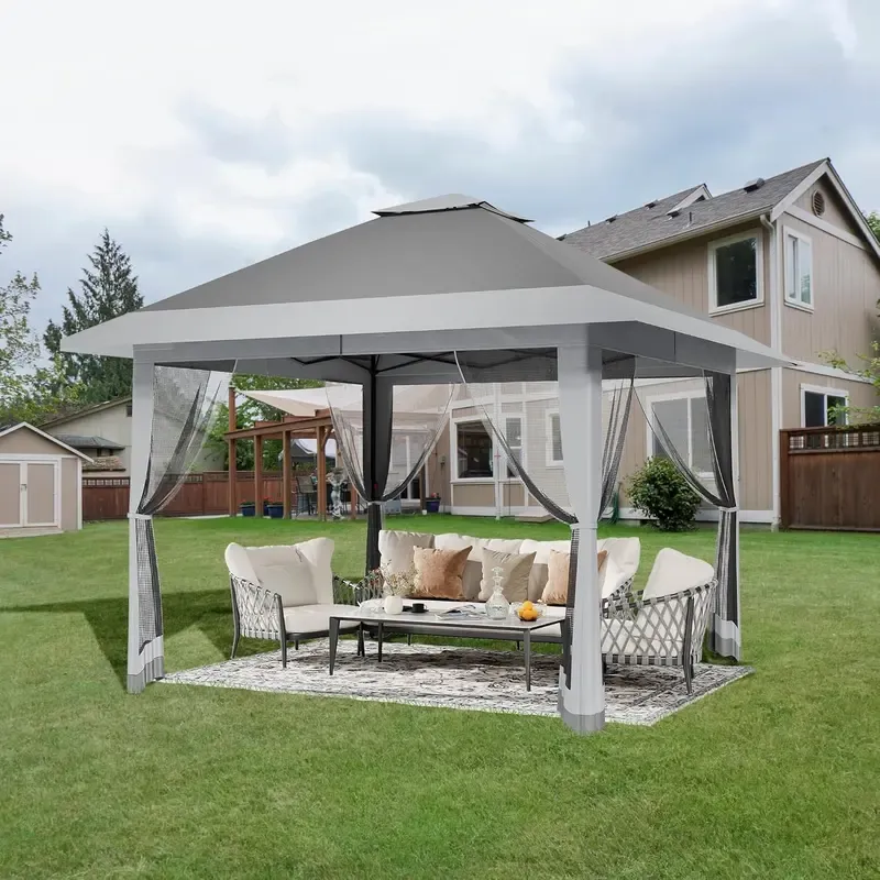 Carpa plegable Garvee de 13x13 pies con estructura metálica, sombrilla exterior de acero para lluvia y sol con malla, techo de doble ventilación, altura ajustable, fácil montaje, refugio impermeable para el patio trasero, toldo y estructura de sombra mode