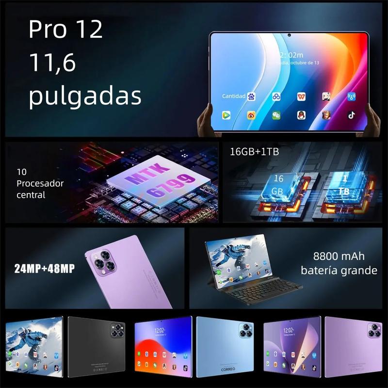 Galaxy Tablet PRO12  11.6Pulgadas Android 16 Última Versión | 16GB RAM + 1024GB Almacenamiento Expandible | Pantalla Grande HD | Batería 10000mAh | WiFi 5G | Ideal para Clases, Trabajo y Regalo Navideño