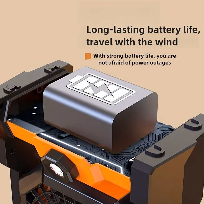 Ventilador portátil para camping al aire libre con luz led de brillo ajustable, gancho, recargable por usb, batería incorporada de 7800 mah para mayor duración, con ángulos ajustables de 270° y control de velocidad sin escalones