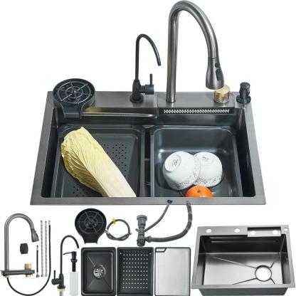 Fregadero de cocina, fregadero de acero inoxidable con cascada, fregadero moderno con dispensador y accesorios para bar, comedor y exterior (60 x 46 cm)