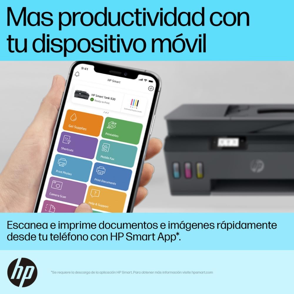 HP Impresora Multifuncional HP Smart Tank 530, Tinta Continua, Color, Wi-Fi, Dúplex (Doble Cara) Manual, ADF Alimentador Automático (4SB24A)