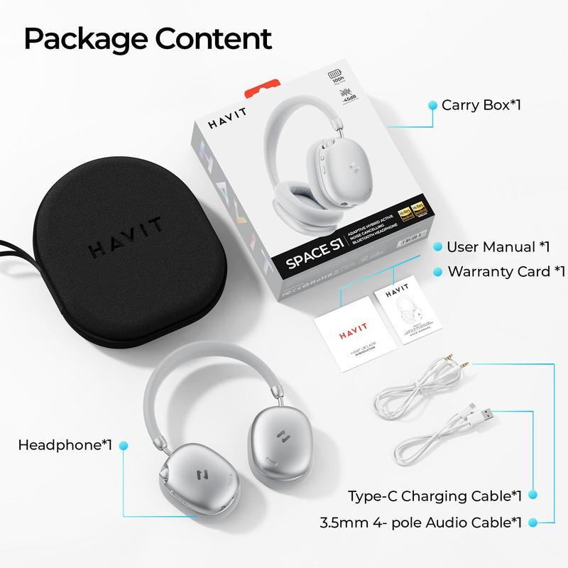 Mejores que los AirPods Max Audífonos HAVIT SPACE S1 Diadema | ANC Híbrido -45dB | Batería 100 Horas | Bluetooth 6.0 | Audio Hi-Res LHDC | Espuma Memoria Cómodos Todo el Día| 5 Micrófonos ENC Llamadas Nítidas | Carga Rápida 5min=5h | Audio Espacial | Cone
