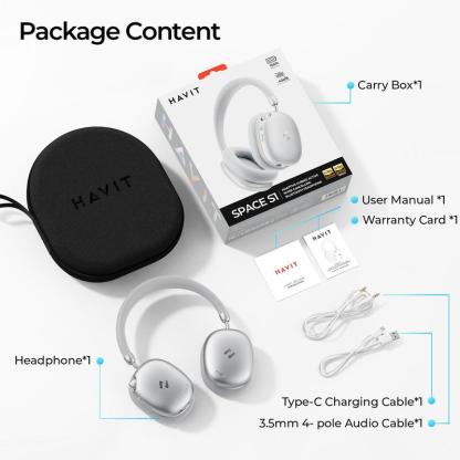 Mejores que los AirPods Max Audífonos HAVIT SPACE S1 Diadema | ANC Híbrido -45dB | Batería 100 Horas | Bluetooth 6.0 | Audio Hi-Res LHDC | Espuma Memoria Cómodos Todo el Día| 5 Micrófonos ENC Llamadas Nítidas | Carga Rápida 5min=5h | Audio Espacial | Cone