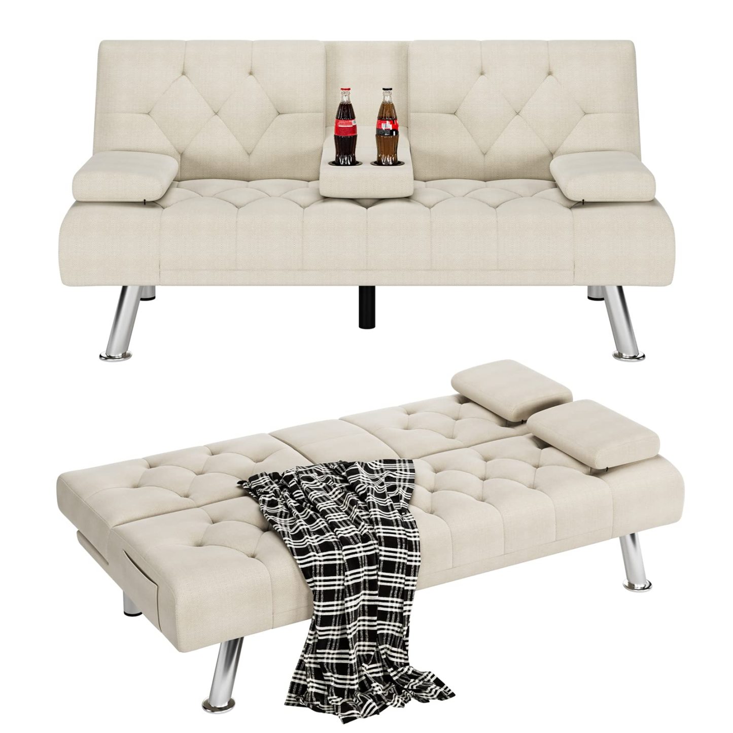 Homfa Sofá cama futón convertible, sofá cama plegable de 66.3 pulgadas con reposabrazos extraíbles y 2 portavasos para sala de estar, acabado gris