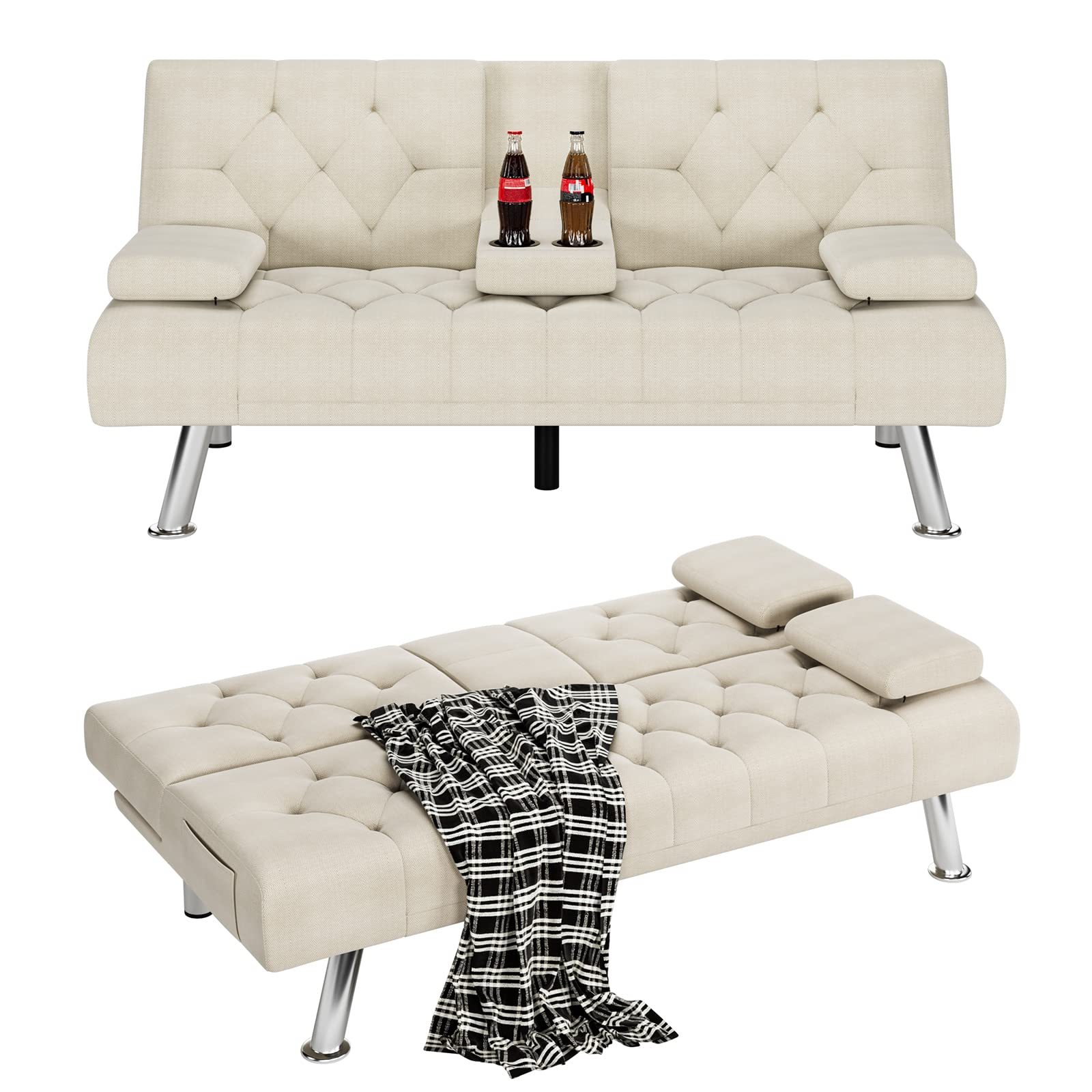 Homfa Sofá cama futón convertible, sofá cama plegable de 66.3 pulgadas con reposabrazos extraíbles y 2 portavasos para sala de estar, acabado gris