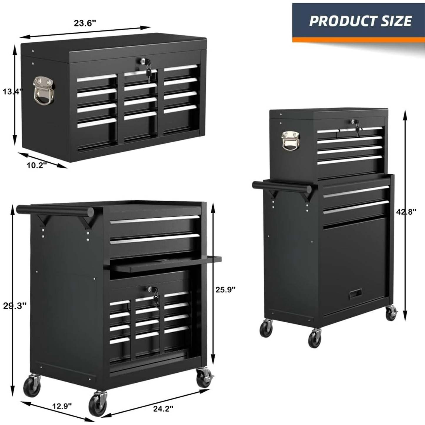 Seizeen Caja de herramientas y gabinete 2 en 1, organizador de caja de herramientas con ruedas de 8 cajones de gran capacidad, con ruedas, con cerradura, negro ----- Guantes