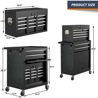Seizeen Caja de herramientas y gabinete 2 en 1, organizador de caja de herramientas con ruedas de 8 cajones de gran capacidad, con ruedas, con cerradura, negro ----- Guantes