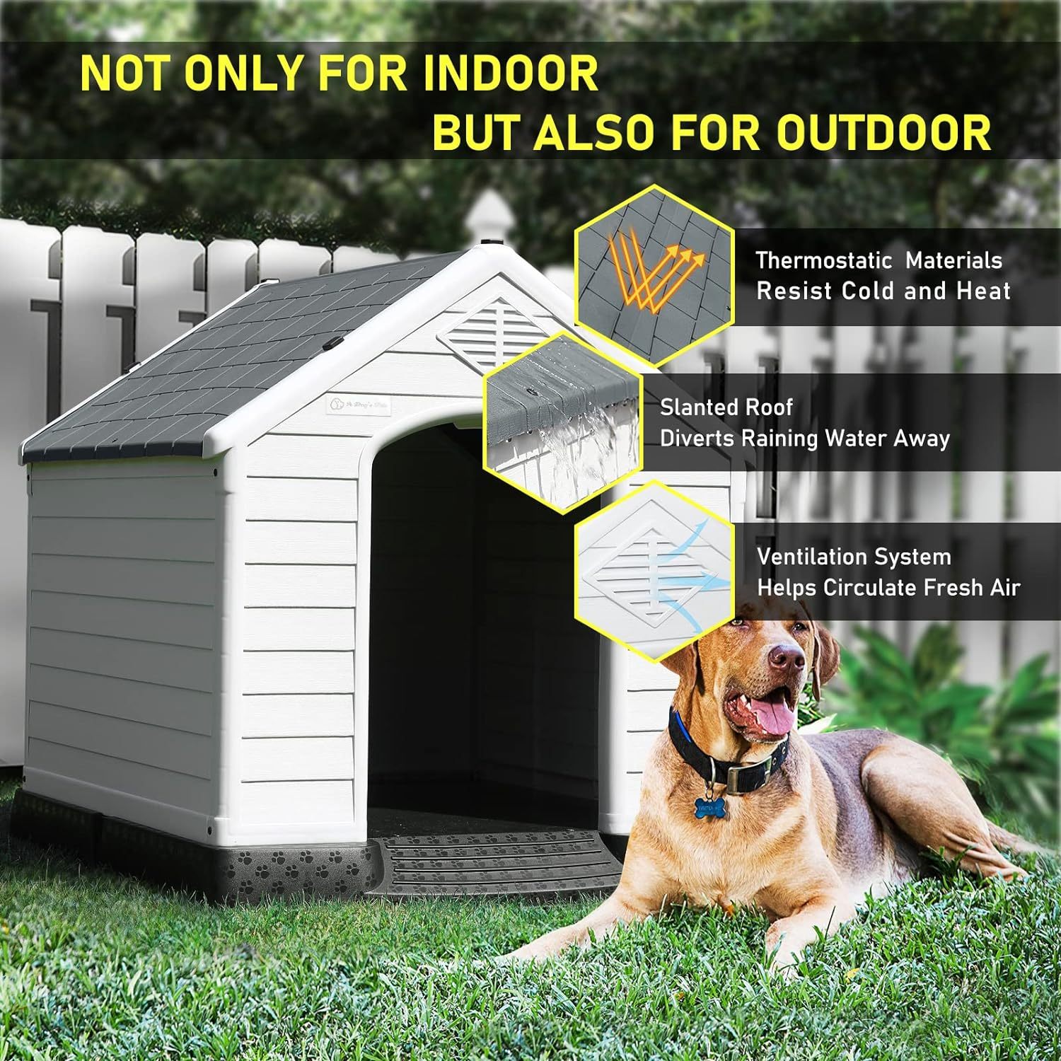 LEMBERI Casa de plástico duradera e impermeable para perros de tamaño pequeño a grande, casa de perro aislada para interiores y exteriores, refugio para cachorros con suelo elevado, fácil de montar, diseño de ventilación para perros