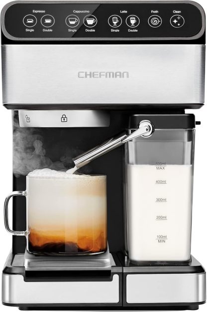 Chefman - Máquina de café espresso , Prepare espresso, capuchinos, lattes y más con calidad de una cafetería, depósito de agua de 1,8 litros, acero inoxidable