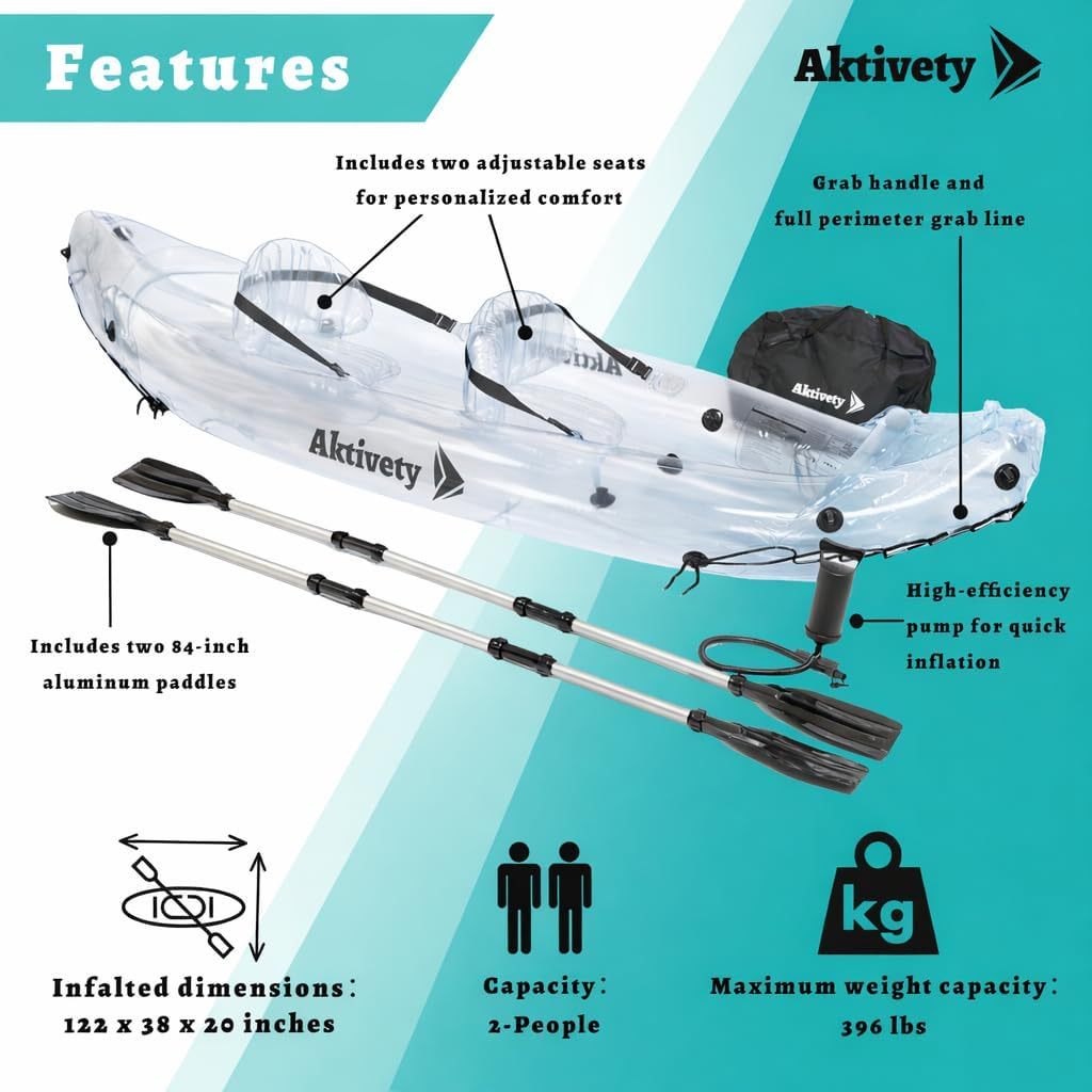 Clear Kayak - Tándem Inflable Transparente De 2 Plazas Para Dos Adultos - Estilo Translúcido - Set Completo Con Asientos Ajustables, Bomba, Remos, Bolsa De Transporte Y Aleta De Seguimiento