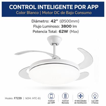 Lámpara con Ventilador de Techo MEGALUZ 42 Pulgadas Hoja Retráctil, 3 Temperaturas de Color, Bluetooth, Control Remoto, para Sala/Habitación