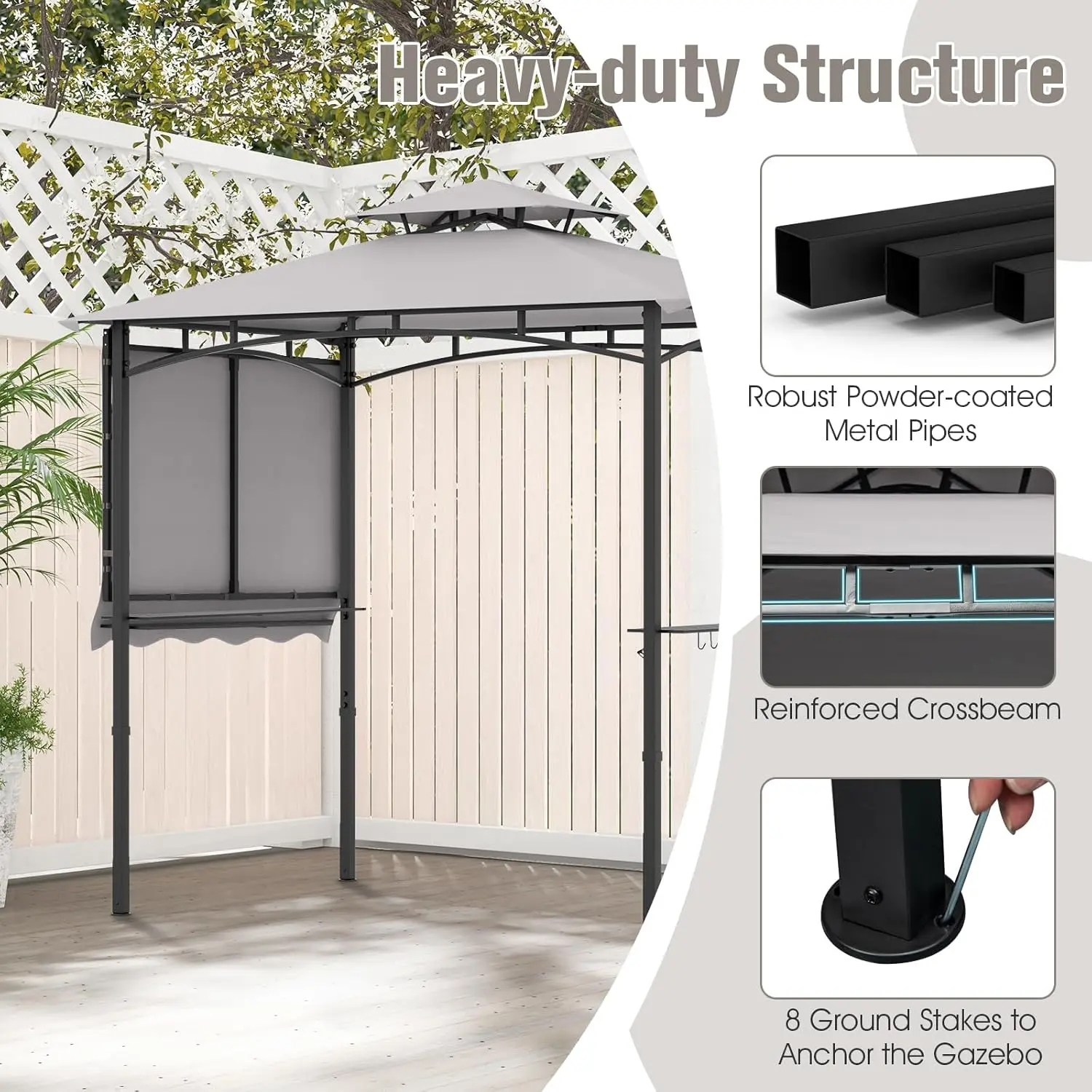 [Regalo para el Día de la Madre] Cenador para Parrilla con Toldo Lateral — Cenador de 2 Niveles para Barbacoa con Estantes, Ganchos Colgantes y Abrebotellas — Toldo Exterior para Parrilla (Ideal para Patio Trasero, Jardín o Zona de Piscina)