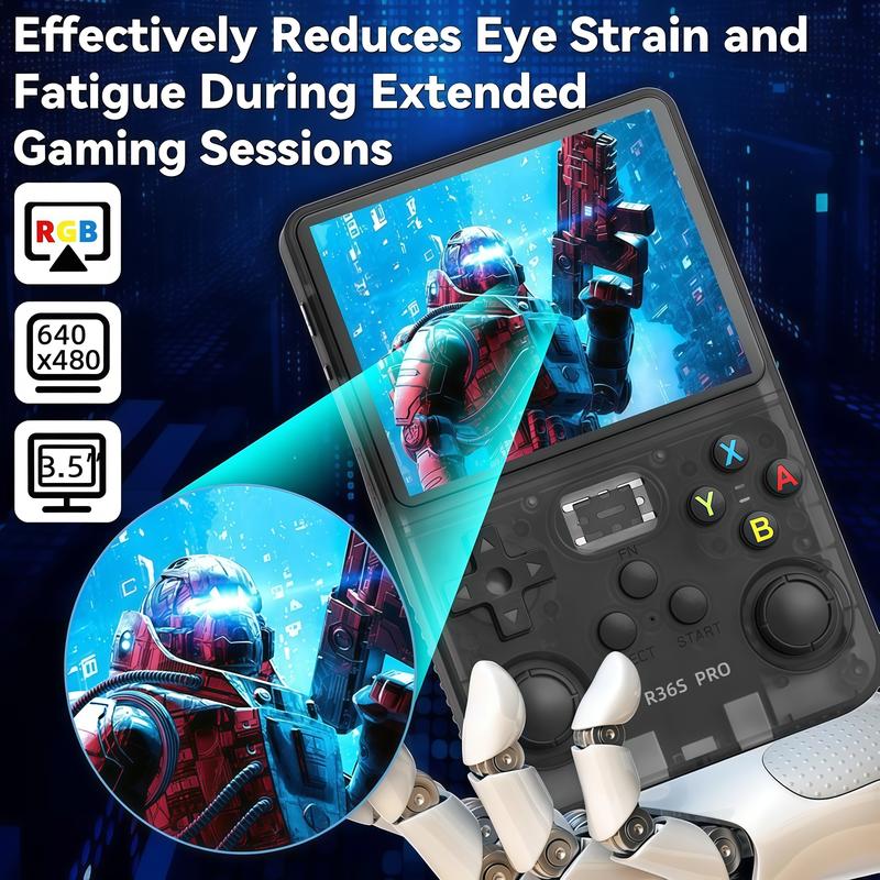 Versión R36S PRO / Estándar R36S, consola de videojuegos retro portátil, dos modelos disponibles. Sistema Linux, 23+ emuladores de alta gama, pantalla 4K de 3.5 pulgadas, almacenamiento 64G/128G opcional, con más de 20.000 / 40.000 juegos integrados.