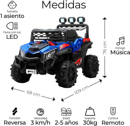 Raganet, Buggy Electrico Montable para Niños Color Rojo, Carrito de Control Remoto y Manejo Directo, con Luces, Estereo y Pedales Funcionales, Medidas: Alto 76cm X Ancho 68cm X Largo 109cm
